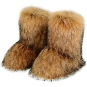 Women's Furry FauxFur Boots Fuzzy Fluffy Mid Calf Snow Boots Suede Warm Fur Line